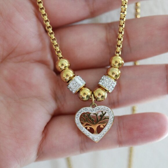 Tree of Life Heart with Rhinestone Pendant Style Round Cable Chain Necklace - Picture 3 of 4